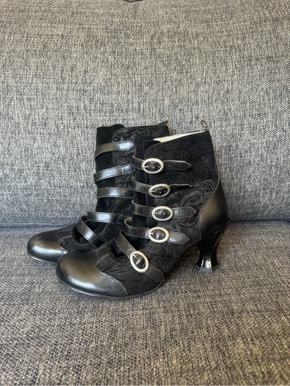 Discontinued John Fluevog Vermeer Baroque Suede Ankle Boots With Silver Buckles